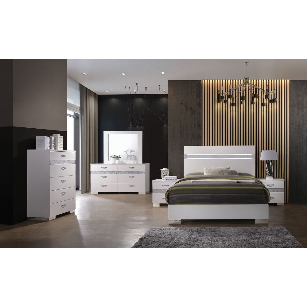 Bedroom Nightstand w/2 Drw & 1 Hidden Sparking Jewelry Drawer in White High Gloss BH26773