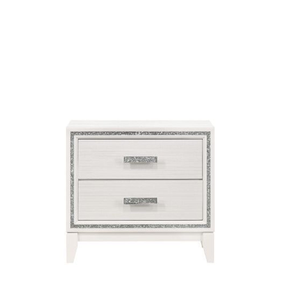 Shimmering Silver Trim Accent Nightstand With 2 Storage Drawers White Finish
