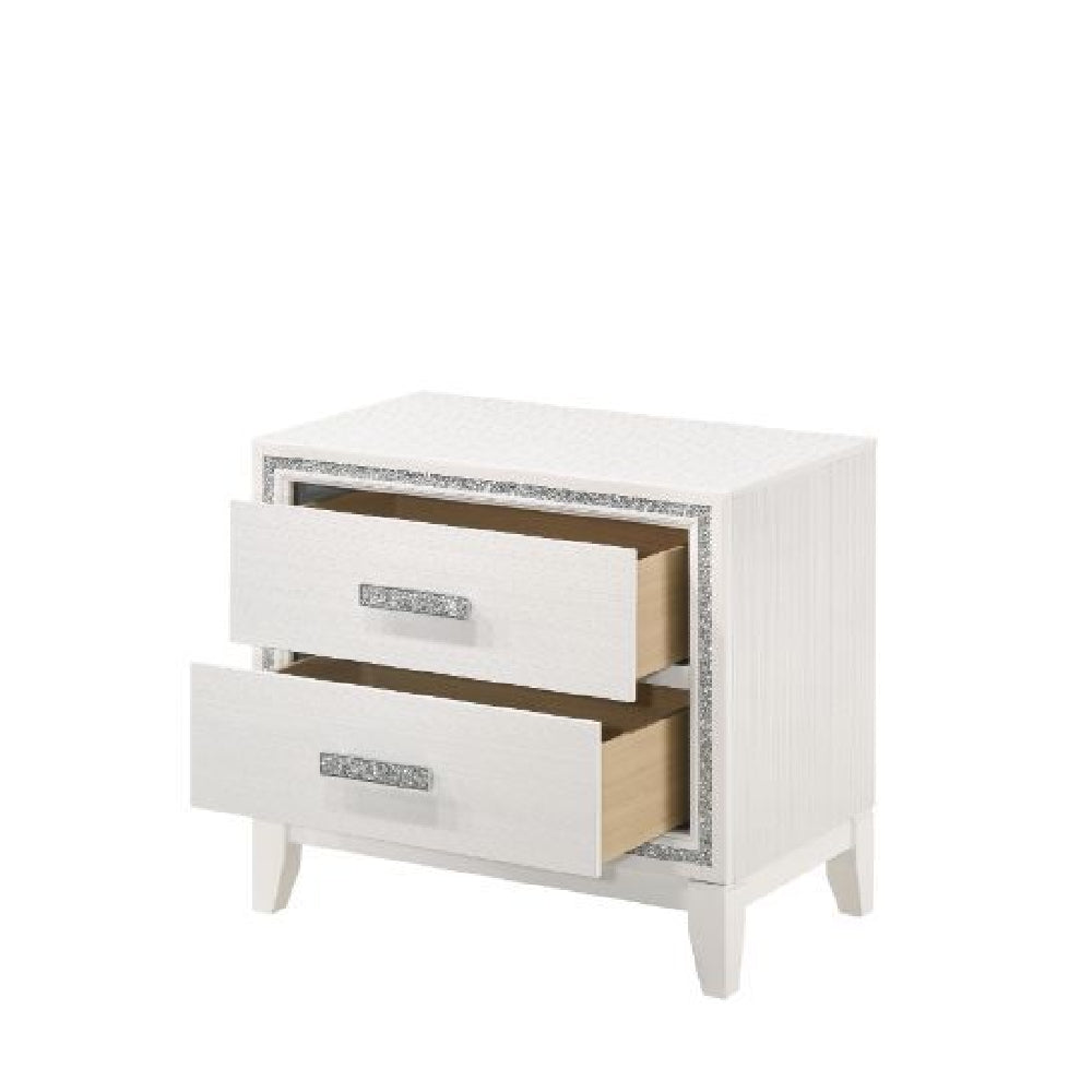 Shimmering Silver Trim Accent Nightstand With 2 Storage Drawers White Finish