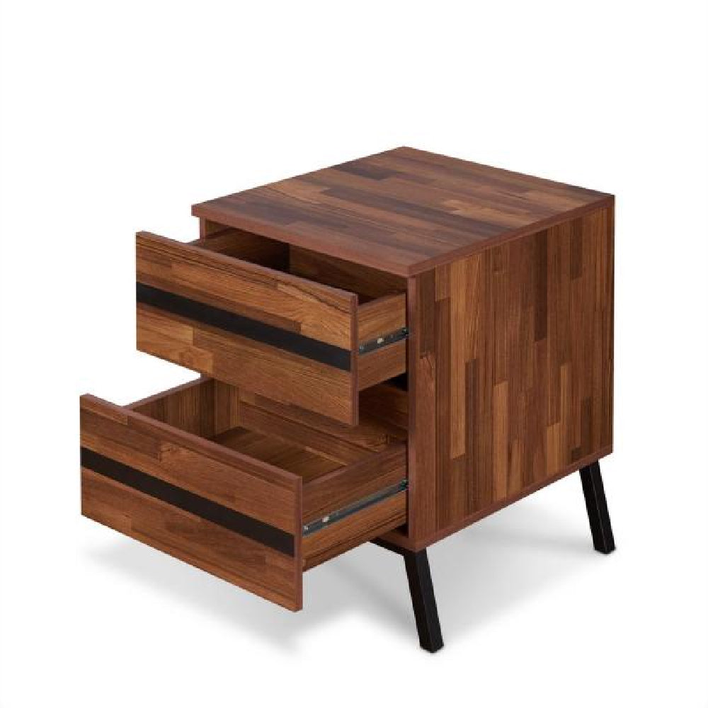 2 Drawers End Table With Metal Sloped Legs in Walnut & Black BH80622