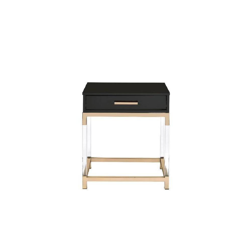 Tan Adiel End Table With Metal Base Frame & Arcylic Legs Black & Gold Finish