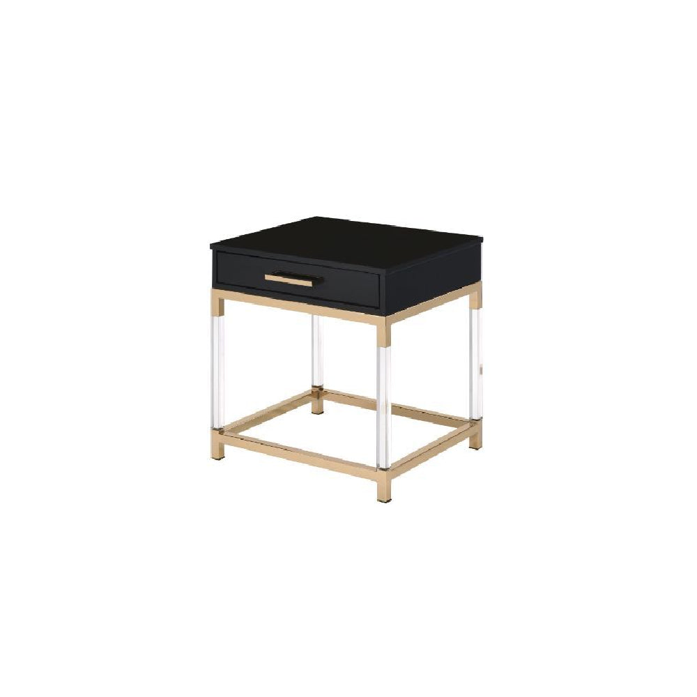 Black Adiel End Table With Metal Base Frame & Arcylic Legs Black & Gold Finish