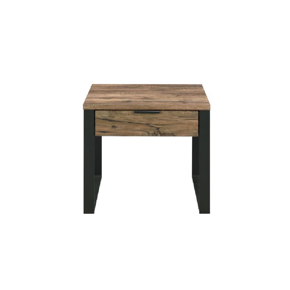 Aflo End Table With 1 Storage Drawer + Metal Sled Base Weathered Oak & Black Finish BH82472