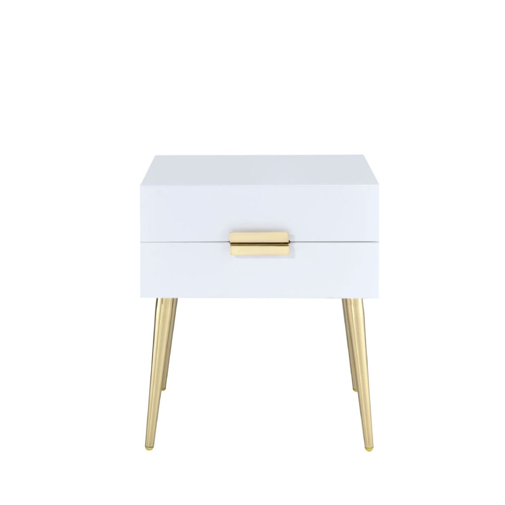 2-Drawer Wooden Top Night Table With Metal Tapered Leg in White & Gold BH84496