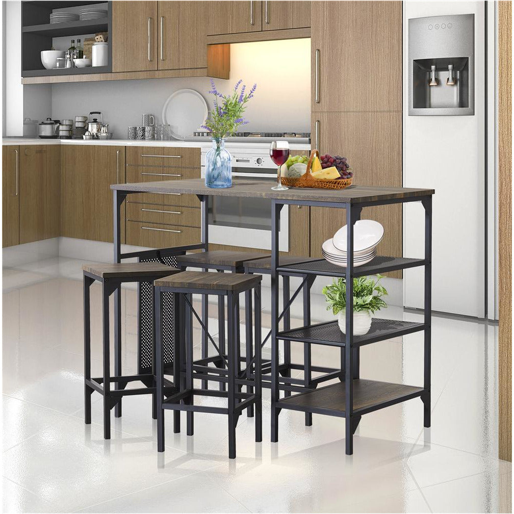 5 Counts - Counter Height Set Dining Table with 4 Backless Bar stools for Home Black