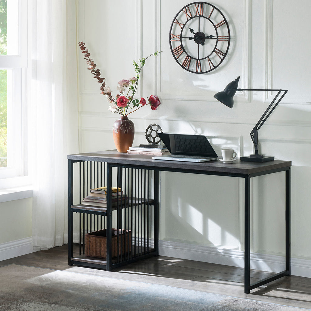 Dark Gray 55" Writing Desk with 2 Storage Shelves on Left or Right, Stable Metal Frame BH193977