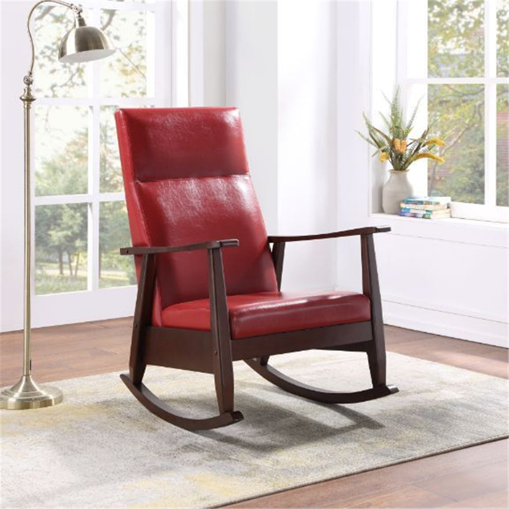 Raina Rocking Chair With Upholstered Seat and Back Cushion Red PU & Espresso Finish BH59931