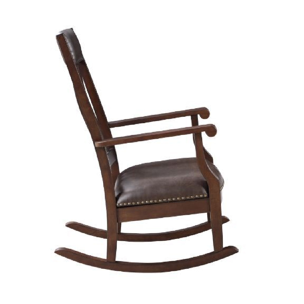 Wooden Slatted Back and Upholstered Trim Rocking Chair Brown PU & Walnut Finish BH59937