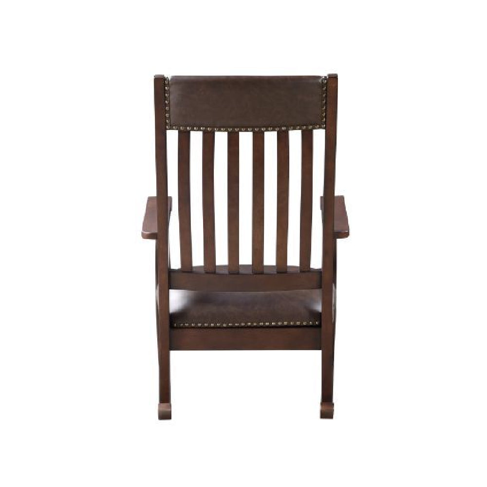 Wooden Slatted Back and Upholstered Trim Rocking Chair Brown PU & Walnut Finish BH59937