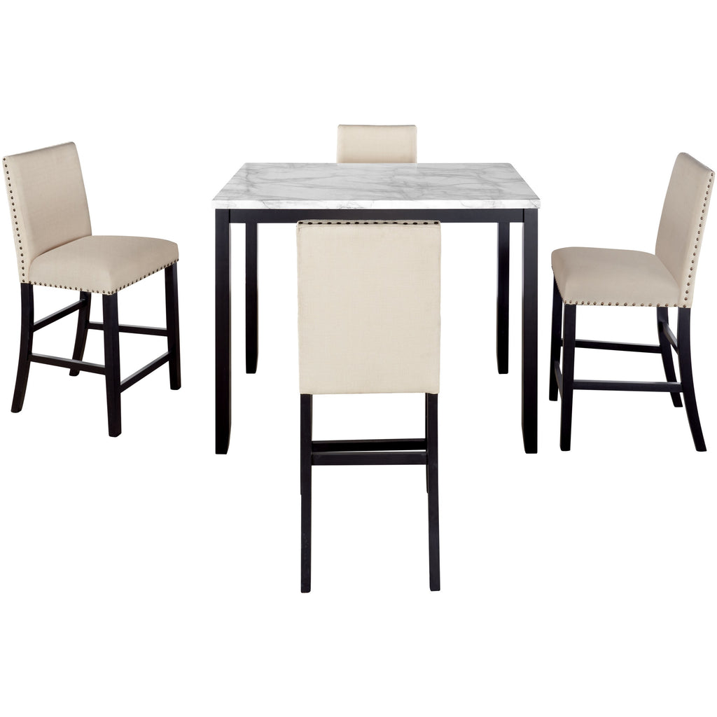 5 Counts - Counter Height Faux Marble Modern Dining Set with Matching Chairs and Marble Veneer Beige