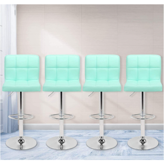 Pale Turquoise Faux Leather Bar Stools Adjustable 360 Degree Swivel Backrest Footrest Barstool Set of 4
