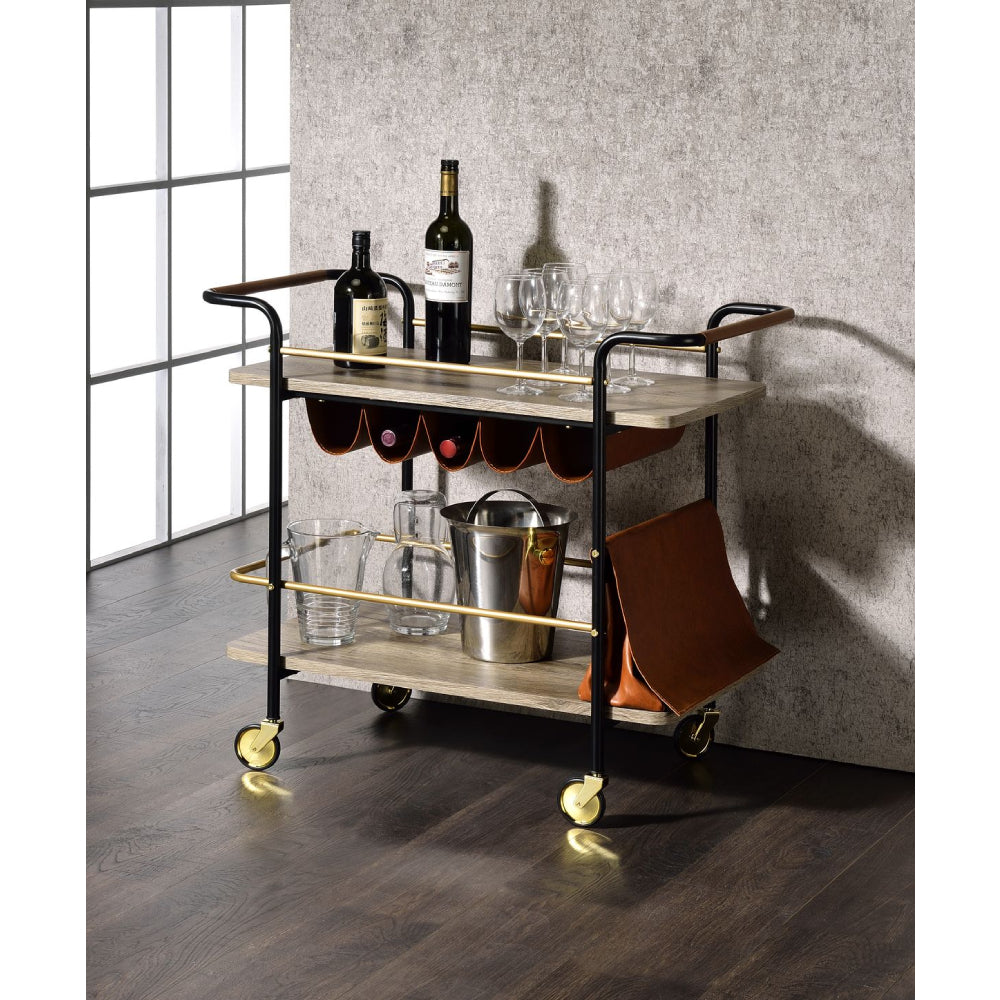 2-Tier Serving Cart With Wine Bottle Storage and Pouch Natural, Gold & Black Finish BH98417