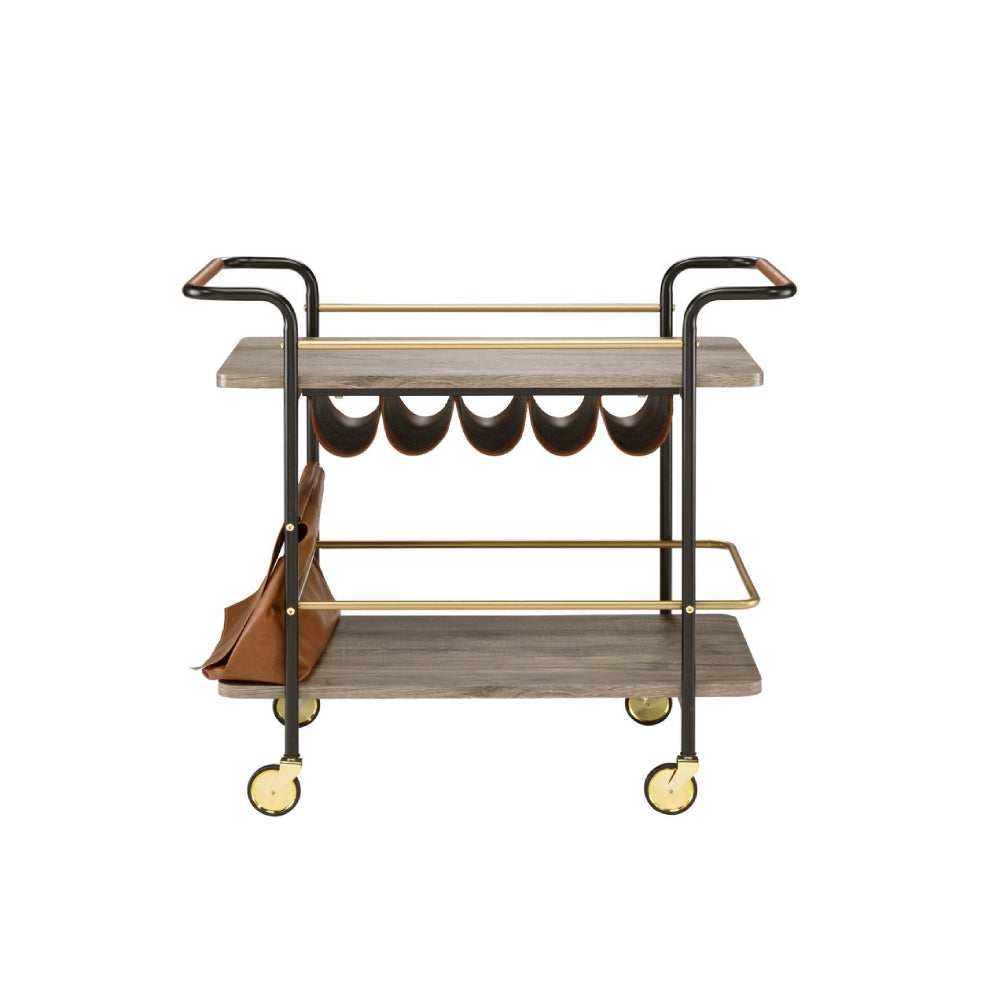 2-Tier Serving Cart With Wine Bottle Storage and Pouch Natural, Gold & Black Finish BH98417