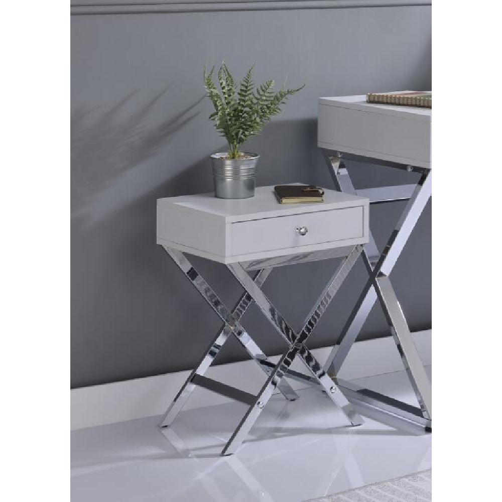 Rectangular End Table Side Table Bedroom Nightstand With Metal "X" Leg White & Chrome