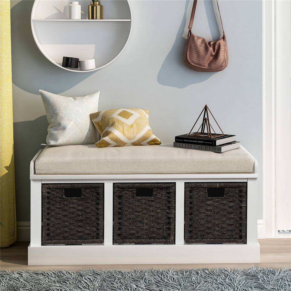 Gray Rustic Storage Bench with 3 Removable Classic Fabric Basket + Removable Cushion