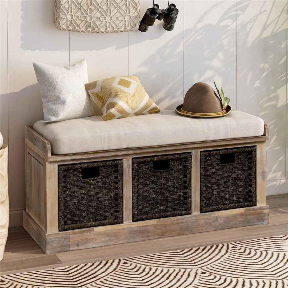 Rustic Storage Bench with 3 Removable Classic Fabric Basket + Removable Cushion White Washed