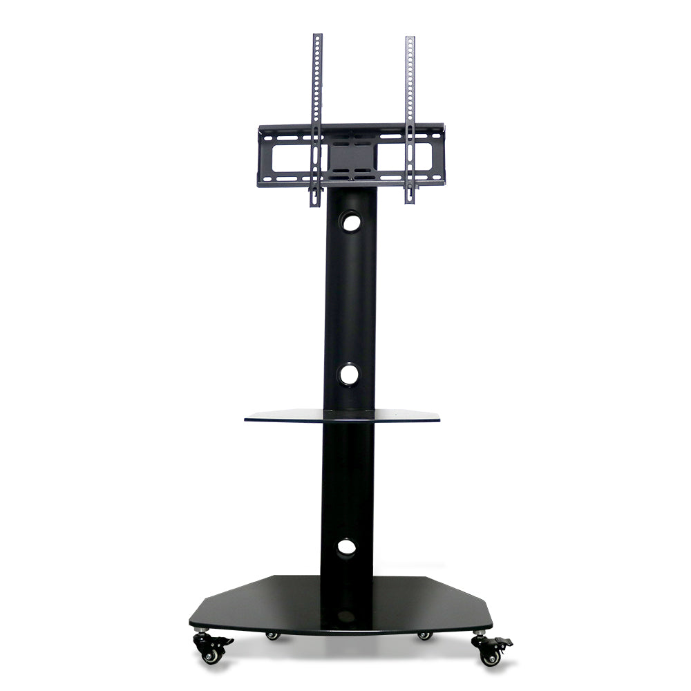 Black Height and Angle Adjustable Tempered Glass Metal Frame Floor With Lockable Wheels LCD TV Bracket Plasma TV Stand