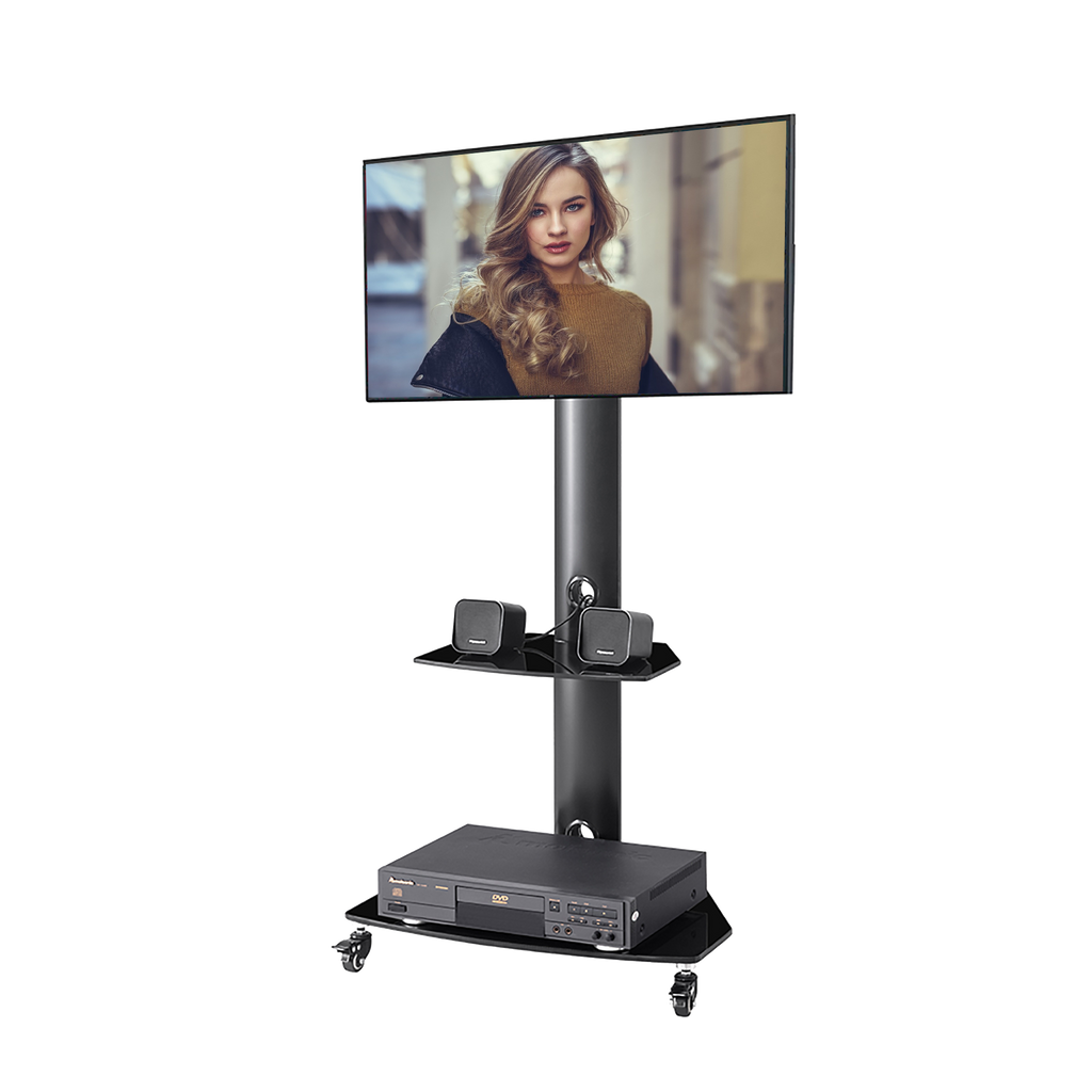 Dim Gray Height and Angle Adjustable Tempered Glass Metal Frame Floor With Lockable Wheels LCD TV Bracket Plasma TV Stand