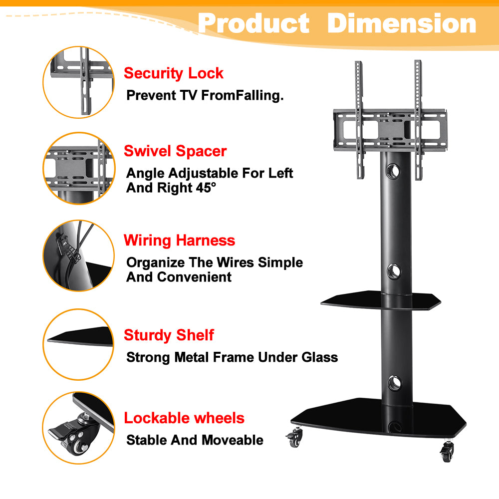 White Smoke Height and Angle Adjustable Tempered Glass Metal Frame Floor With Lockable Wheels LCD TV Bracket Plasma TV Stand