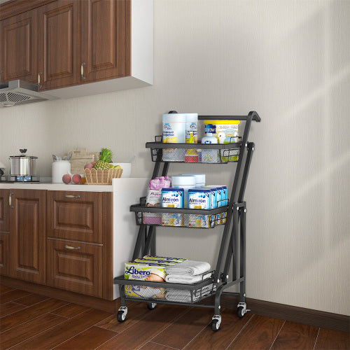 Gray 3-Tier Mesh Wire Rolling Cart Storage Rack with 4 Wheels(Black)