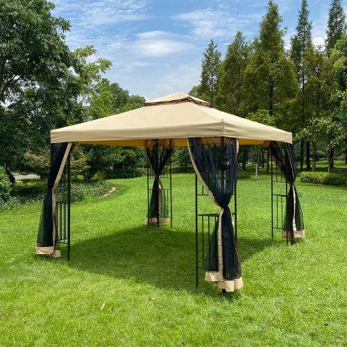 Bisque Outdoor Patio Gazebo Canopy Tent With Ventilated Double Roof And Mosquito Net, 10x10Ft