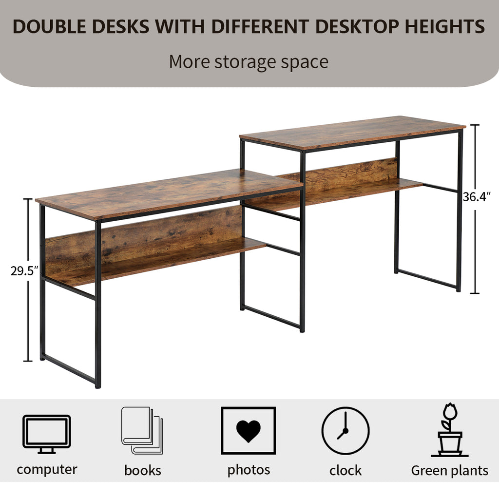 Dark Olive Green Two Person Desk, Double Workstation Office Desk with Open Shelves-Brown