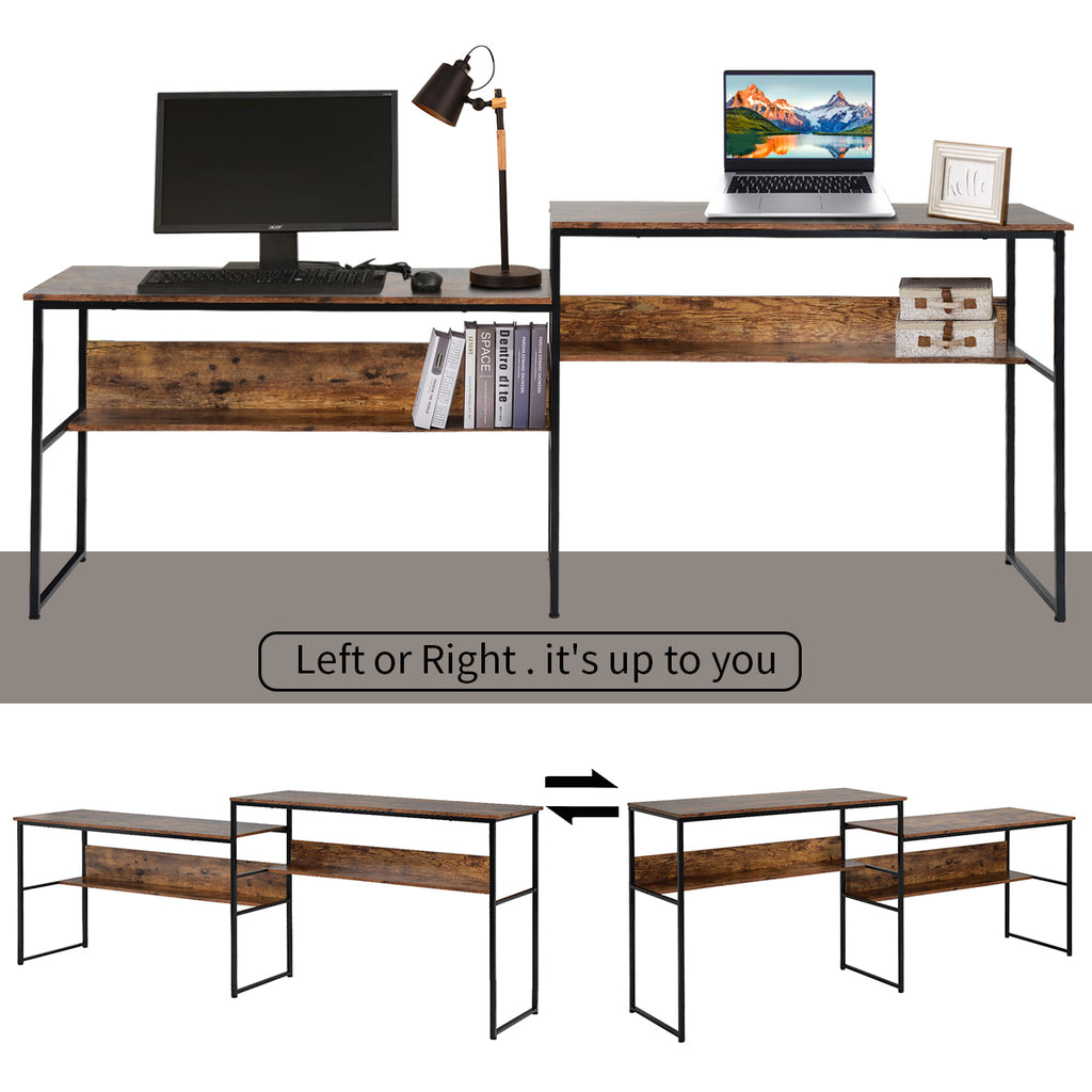 Slate Gray Two Person Desk, Double Workstation Office Desk with Open Shelves-Brown