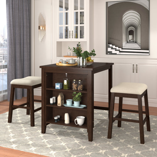 Dark Slate Gray 3 Counts - Square Dining Table with Padded Stools, Table Set with Storage Shelf