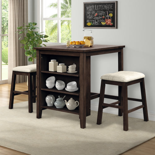Black 3 Counts - Square Dining Table with Padded Stools, Table Set with Storage Shelf