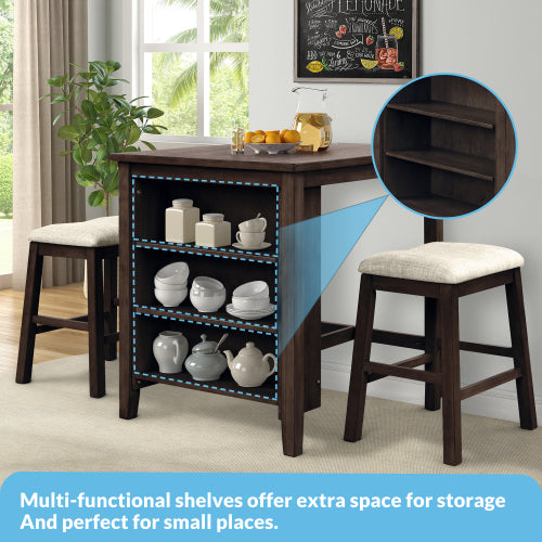 Black 3 Counts - Square Dining Table with Padded Stools, Table Set with Storage Shelf
