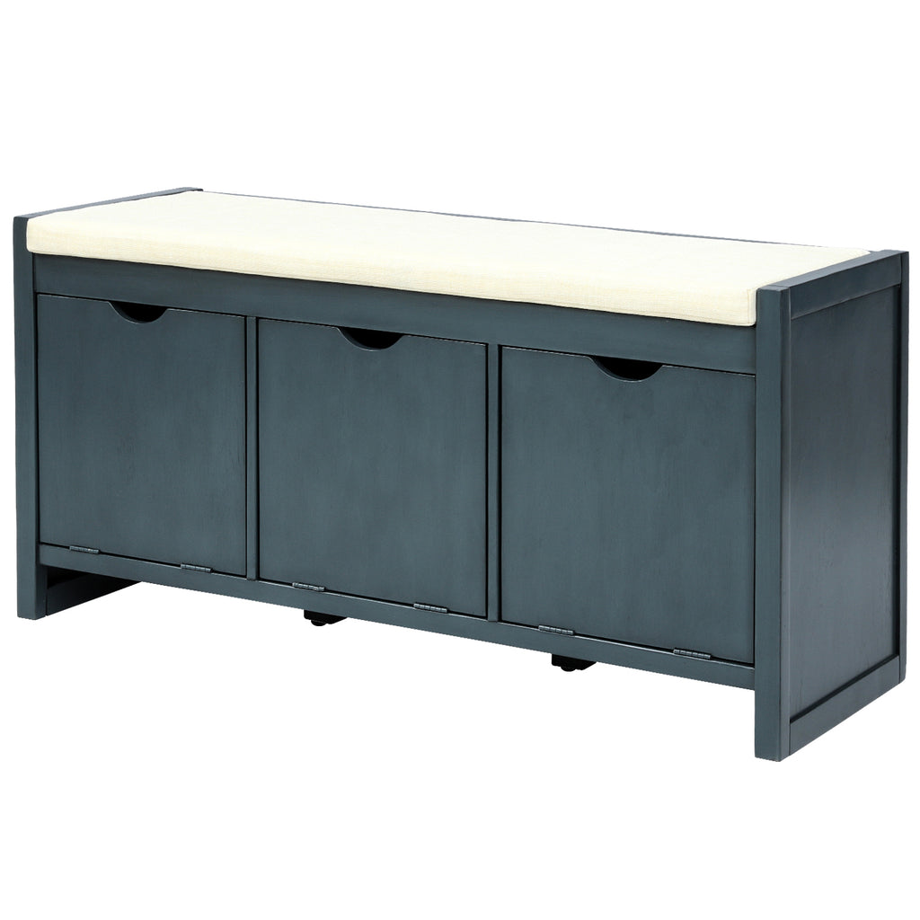 Dark Slate Gray Storage Bench with Removable Cushion and 3 Flip Lock Storage Cubbies for Living Room  Entryway