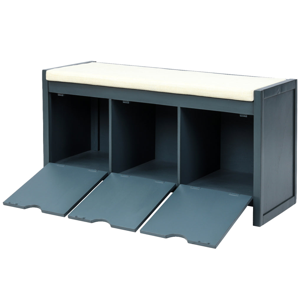 Black Storage Bench with Removable Cushion and 3 Flip Lock Storage Cubbies for Living Room  Entryway