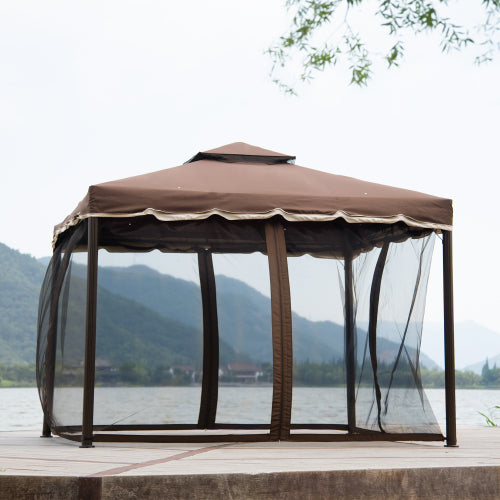Slate Gray 9.8Ft. Wx8.8Ft. H Outdoor Steel Vented Dome Top Patio Gazebo with Netting for Backyard, Poolside and Deck