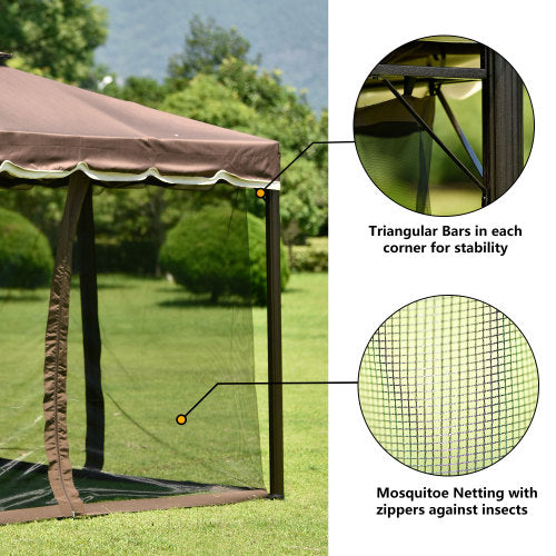 Dark Khaki 9.8Ft. Wx8.8Ft. H Outdoor Steel Vented Dome Top Patio Gazebo with Netting for Backyard, Poolside and Deck