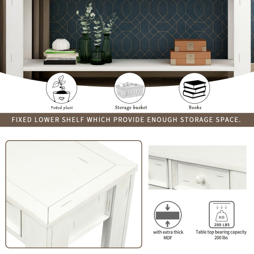White Smoke Rectangular Console Table for Entryway Hallway Sofa Table with Storage Drawers and Bottom Shelf