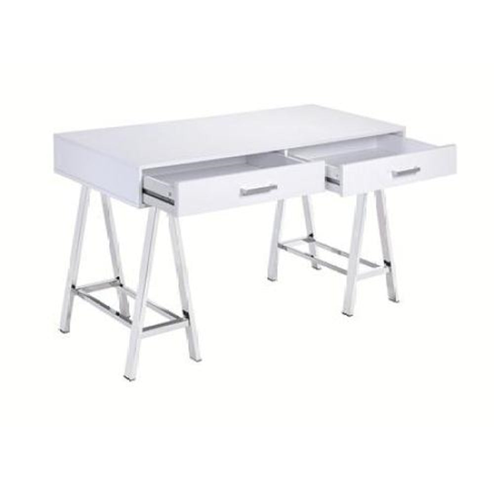 Rectangular Writing Desk w/Metal Sawhorse Base White High Gloss & Chrome