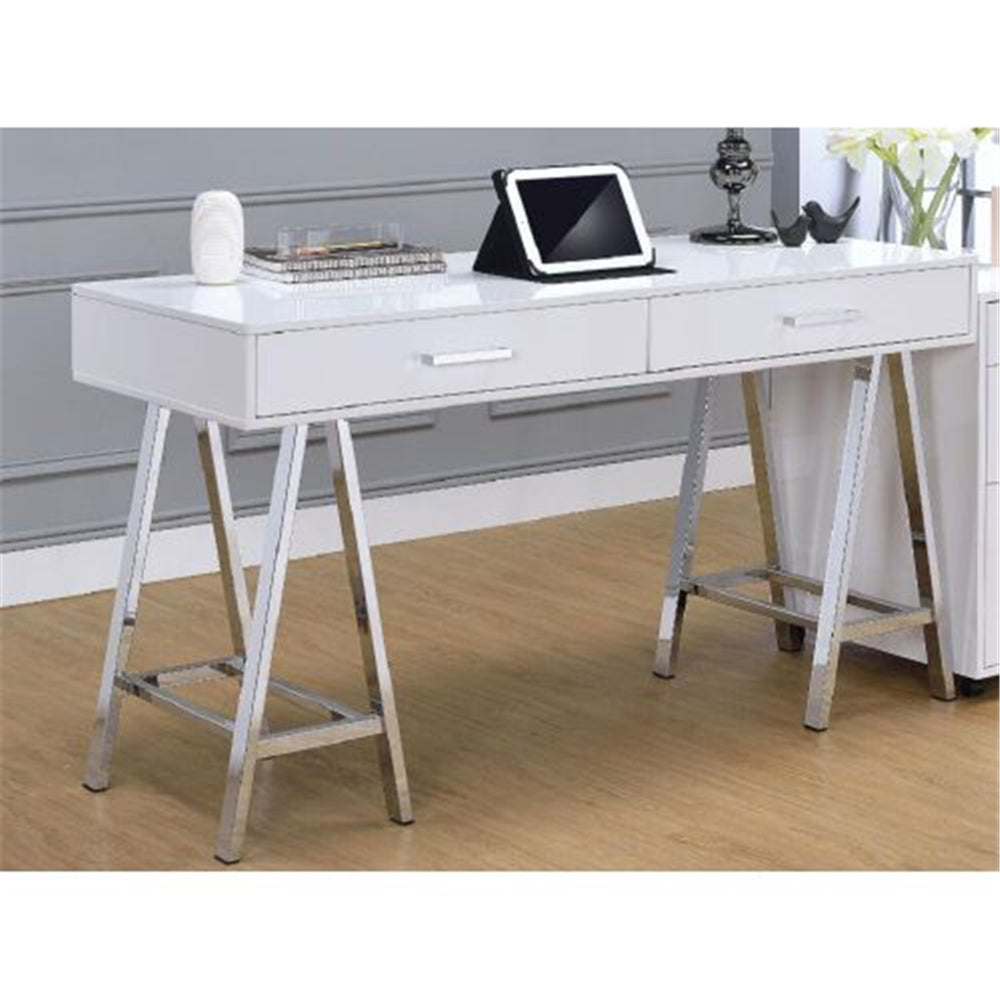 Rectangular Writing Desk w/Metal Sawhorse Base White High Gloss & Chrome