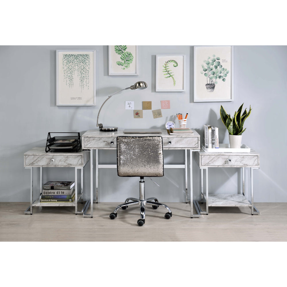 Tigress Writing Desk w/2 Storage Drawers White Printed Faux Marble & Chrome Finish BH92615