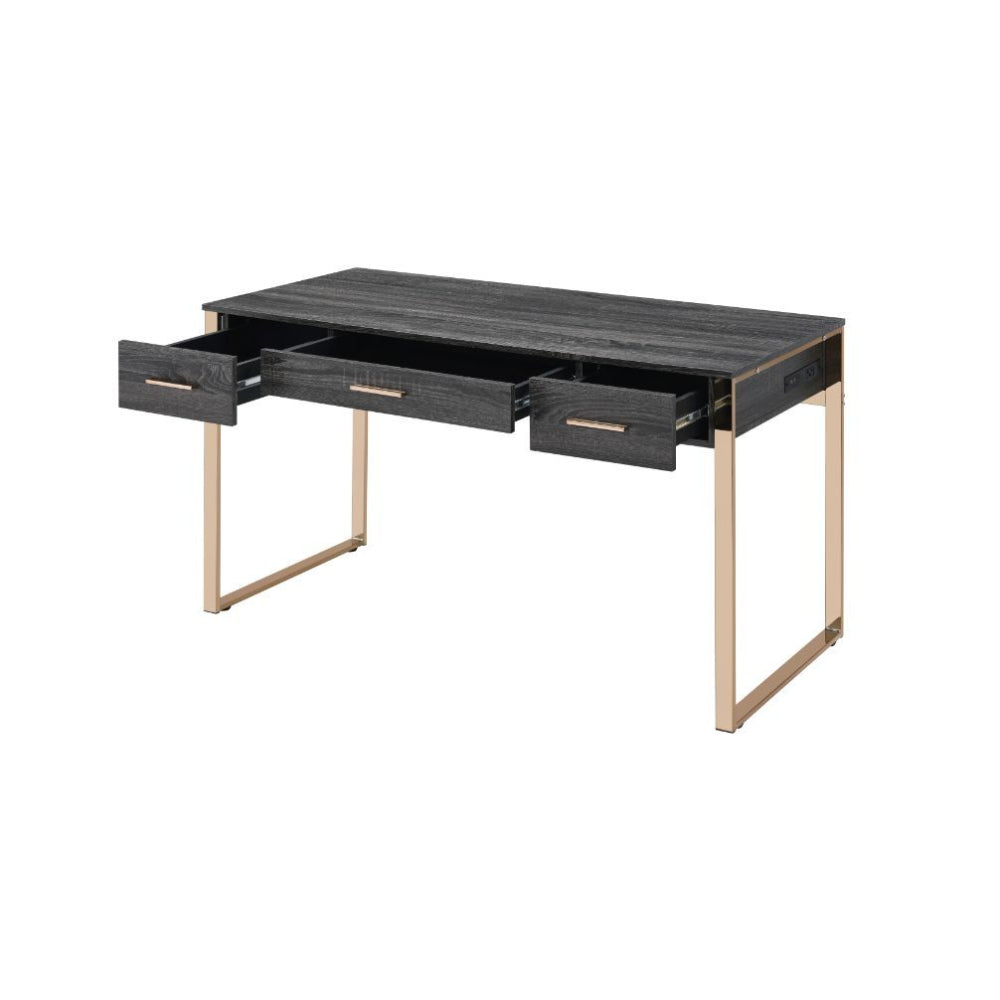Built-in USB Port and Plug Writing Desk With 3-Drawer Champagne Gold & Black Finish BH92715