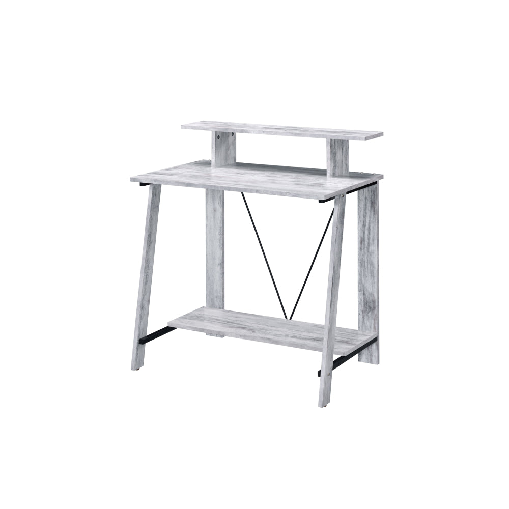 Metal V-Shaped Backing Writing Desk With Top and Bottom Shelves Antique White & Black