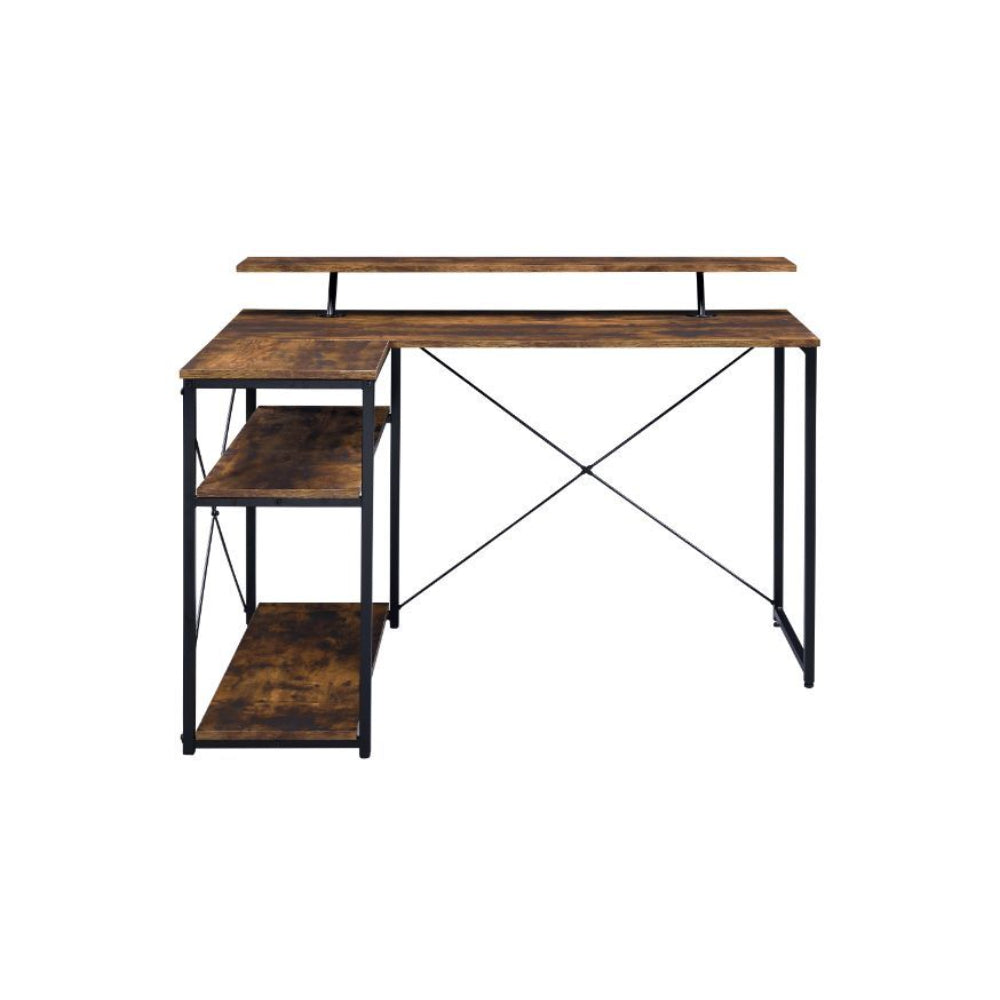 L-Shape Writing Desk With 3 Tier Shelf & Metal X-Shaped Backing Weathered Oak & Black