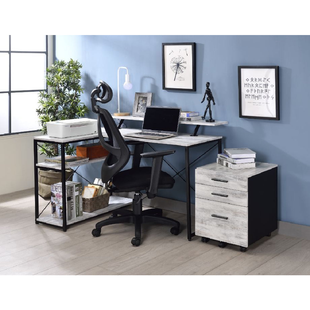 L-Shape Writing Desk With 3 Tier Shelf & Metal X-Shaped Backing Antique White & Black