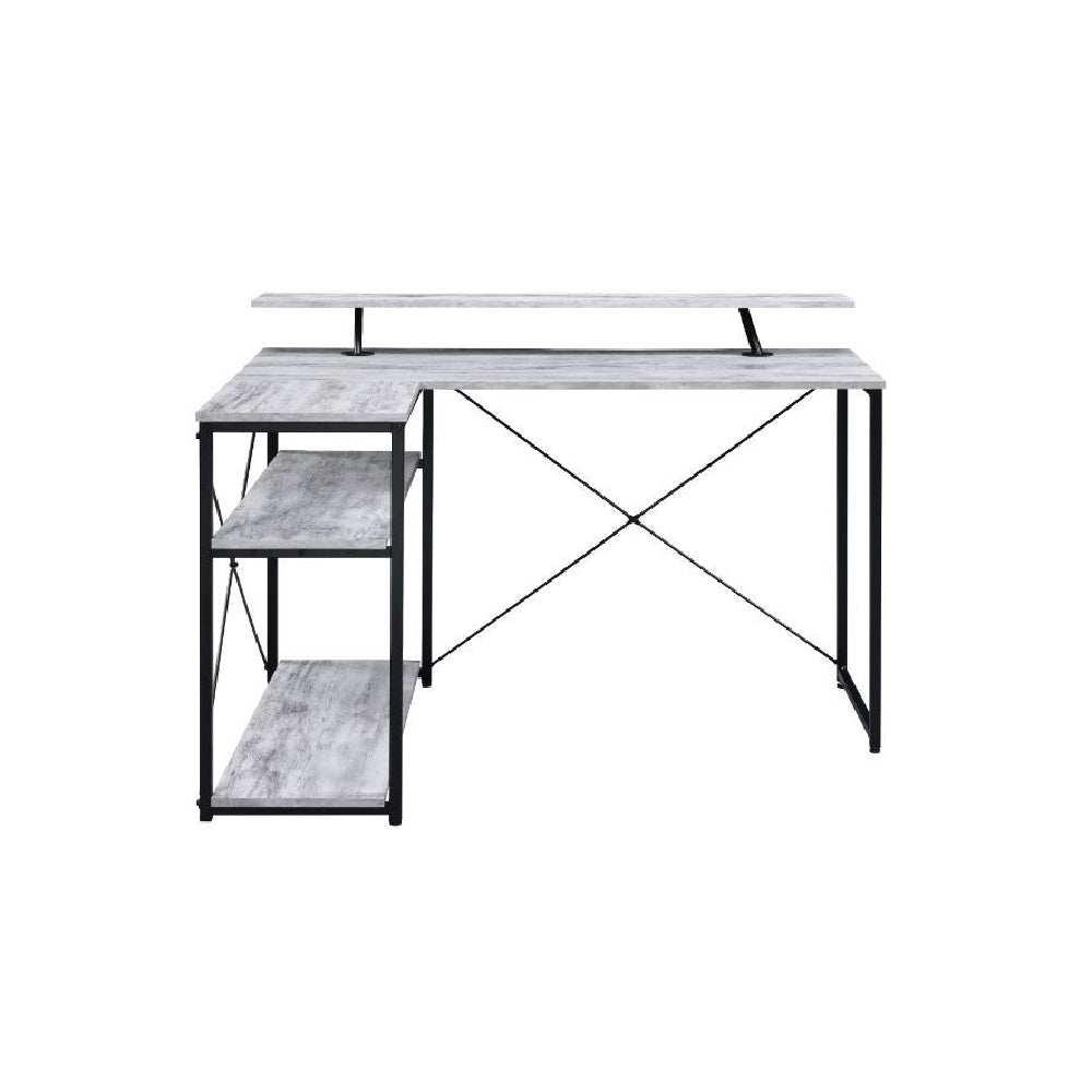 L-Shape Writing Desk With 3 Tier Shelf & Metal X-Shaped Backing Antique White & Black