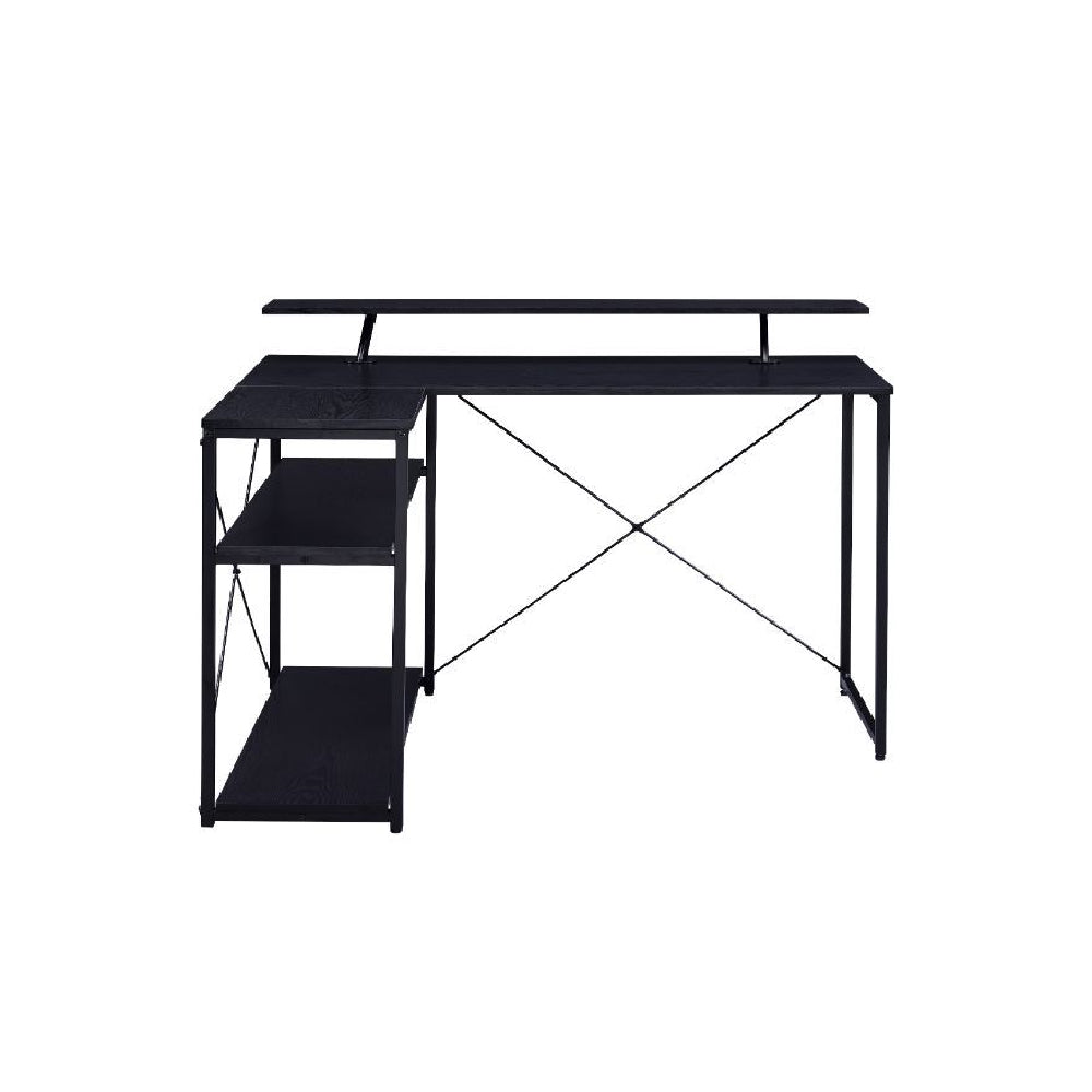 L-Shape Writing Desk With 3 Tier Shelf & Metal X-Shaped Backing Black