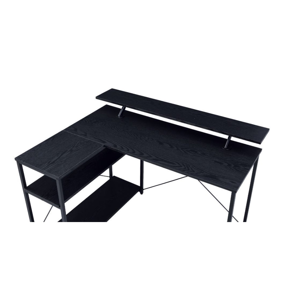 L-Shape Writing Desk With 3 Tier Shelf & Metal X-Shaped Backing Black