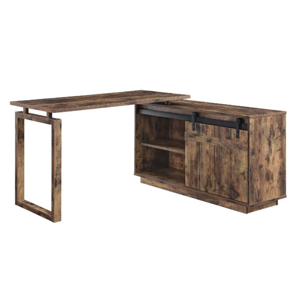 L-Shape Rectangular Writing Desk & Cabinet with Barn Door Rustic Oak Finish