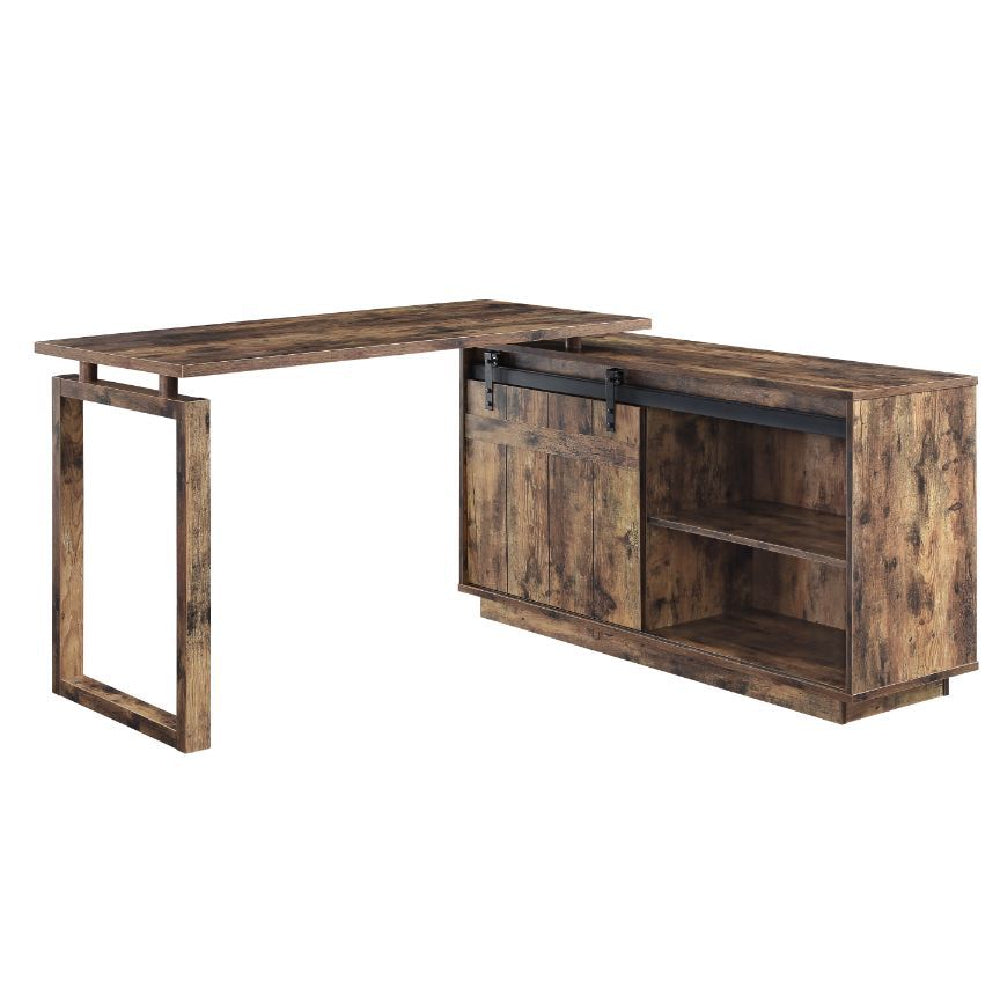 L-Shape Rectangular Writing Desk & Cabinet with Barn Door Rustic Oak Finish