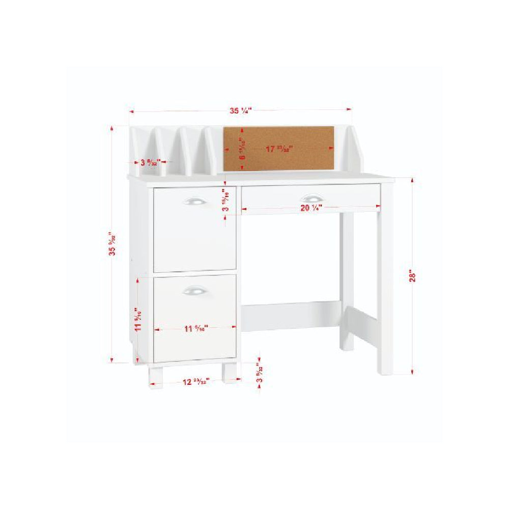 Rectangular Writing Desk w/Built-in Bulletin Board and Dividers White Finish BH92990