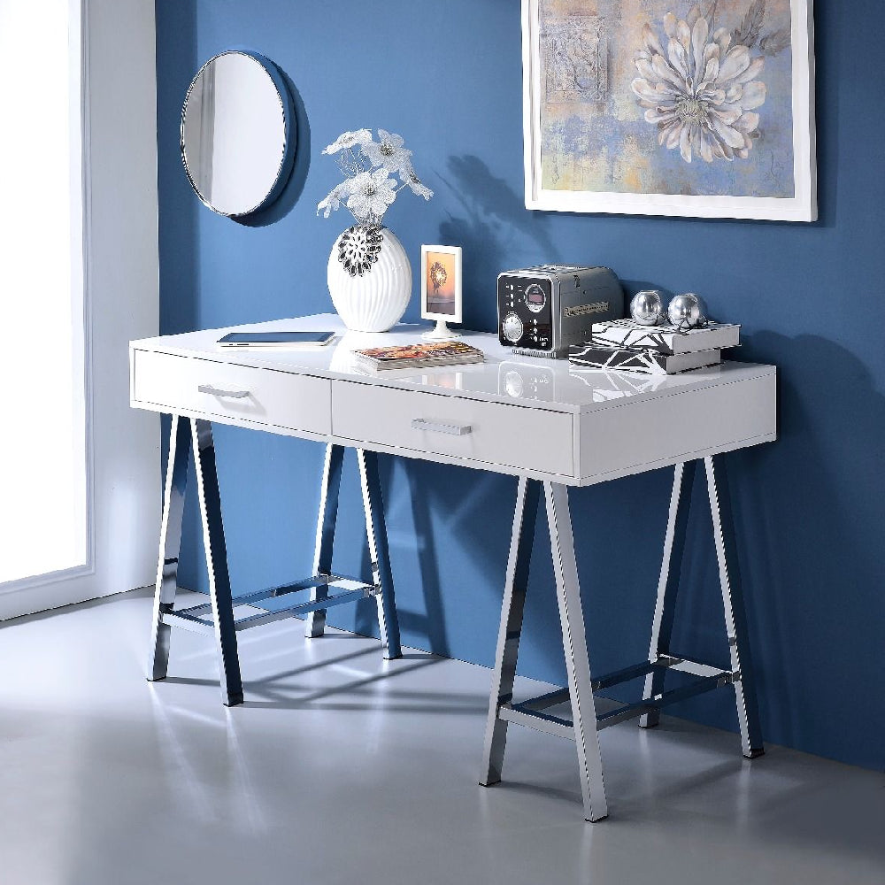 Built-in USB Port Writing Desk w/2 Drawers in White High Gloss & Chrome BH93047