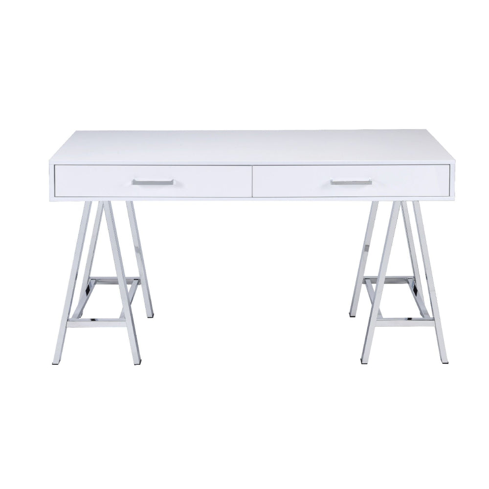 Built-in USB Port Writing Desk w/2 Drawers in White High Gloss & Chrome BH93047